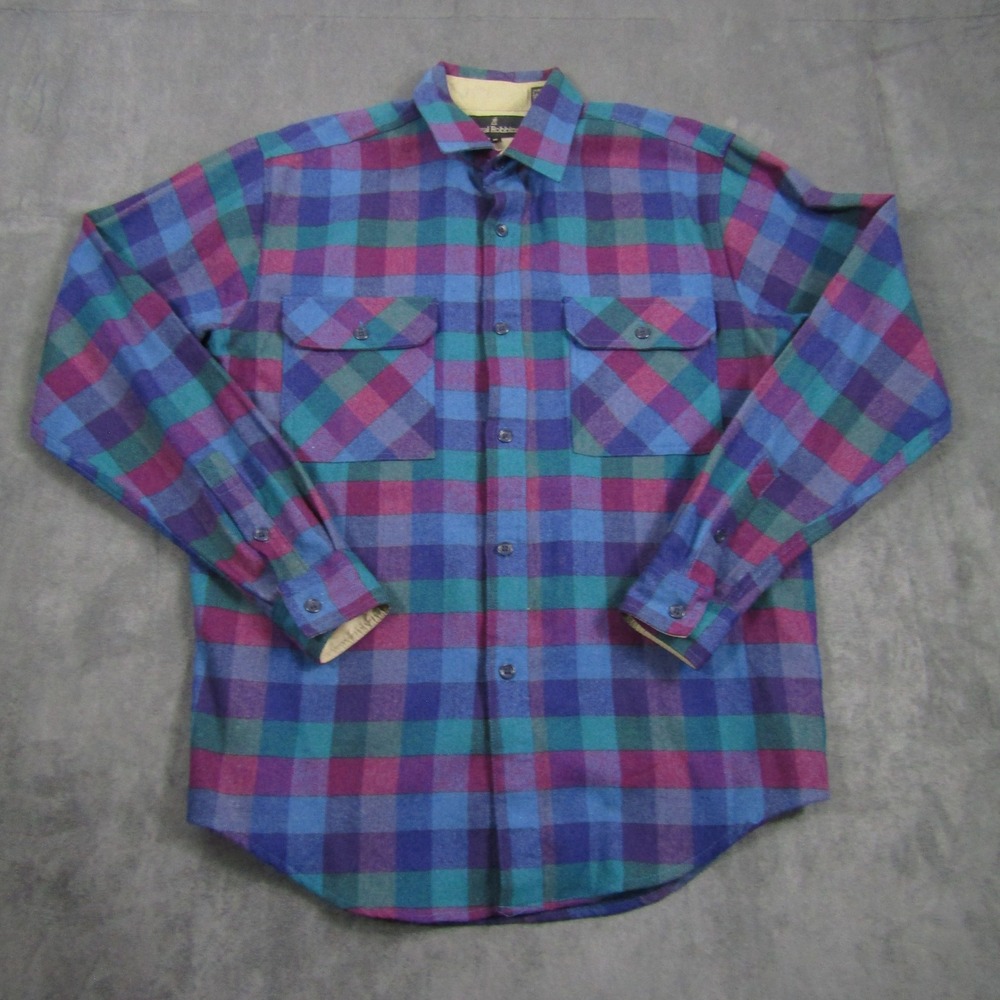 Royal Robbins Flannel Shirt Mens M Blue Purple Green Vintage Wool Blend Plaid